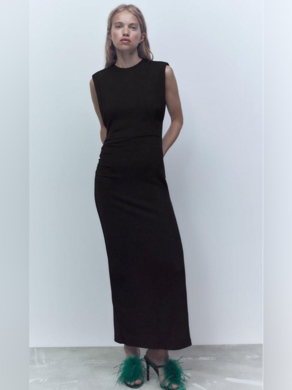 ZARA Draped Shoulder Pad Column Maxi Dress Size M